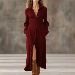 Cyflymder Women's Knitted Sweater Dress Long Sleeve Turn Down Collar Single Breasted Pockets Slim Solid Elegant Vintage Casual Midi Dress