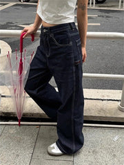 Cyflymder Women's Retro Embroidery Wide Legs Jeans High Waist Large Size Trousers Cool Girl Casual Bottoms Female Summer Solid Color Pants