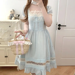 Cyflymder Women Japanese Kawaii Cute Lace Dress Square Neck Sweet Elegant Lolita Mini Fairy Dresses Korean Summer Party Princess Dress