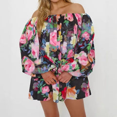 Cyflymder Summer Fashion Floral Print Draped Short Dress Casual Long Sleeve Loose Party Dress Women Sexy Off Shoulder Vacation Mini Dress