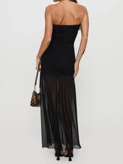 Cyflymder Holiday Slim Patchwork Mesh Tube Dress Party Sexy Solid Slash Neck Sleeveless Split Maxi Dresses For Women Summer