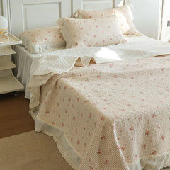 Cyflymder 3Pcs Pure Cotton Floral Single Layer Lace Ruffles Bedspread, Mattress Cover Set, Bed Skirt, Bed Sheet Set, Coverlets, Pillowcase