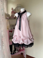 Cyflymder Sweet Pink Halter Neck Bow Vintage Dress Women Japanese Fashion Sleeveless Ruffle Bubble Lovely Dresses New Slim Elegant Clothes