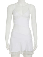 Cyflymder Holiday Patchwork Lace A-Line Dress Beach Style Sexy Slim Deep V-Neck Sleeveless Mini Dresses For Women Summer