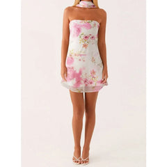 Cyflymder Women's Y2K Summer Mini Dress Floral Print/Solid Color Sleeveless Strapless Dress Backless Bodycon Tube Dress Clubwe