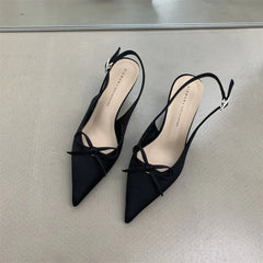 Cyflymder Pointed Heel Sandals Black Shoes for Women 2025 Summer Beige High Comfort Girls Bow Elastic Band Closed Stiletto Low New Fashi
