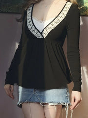 Cyflymder Vintage Slim Fake Two Piece Lace Patchwork All Match Solid o neck long sleeve T-Shirts