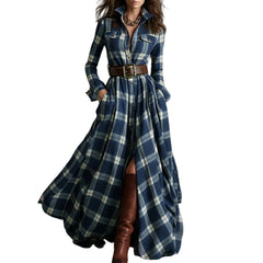 Cyflymder Ladies' High-end Fashion French Vintage Check Waist-cinching Slimming Asymmetrical Long-sleeved Dress Chic Streetwear Clothes
