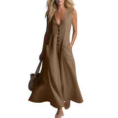 Cyflymder Minimalist Solid Color Summer Dress Women V Neck Diagonal Button Down Sleeveless Tank Dress With Pocket Elegant Office Dresses
