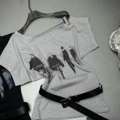 Cyflymder Summer Lazy Streetwears Skewn Collar Short Sleeve T Shirts Y2k Aesthetic Vintage Personality Women Clothes Punk with Belt Tops