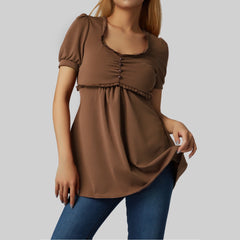 Cyflymder Women's Ruffle Trim T-shirt Bead Decor Tops V-Neck Short Puff Sleeve A-Line Tees Summer Tops