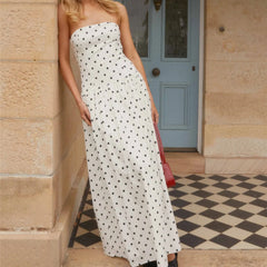 Cyflymder Women's Strapless Dress Stylish Dot Print/Floral Print Sleeveless Tube Long Dress for Summer Holiday Party Clubwear