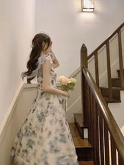 Cyflymder Elegant Strap Floral Midi Dress Women Vintage Sweet Print Princess Boho Blue Dress Classy Party Holiday Fairy Dress Summer