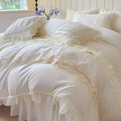 Cyflymder Luxury Solid Color Bed Skirt Bedding Sets with Lace Silky Breathable Bedclothes for Home All Seasons Single Double Bedspread Kit