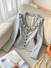 Cyflymder High End Light Luxury Young Waist Cinched Ruffled Edges Grey Mini Suit Spring and Autumn Style Socialite V-neck Suit for Women