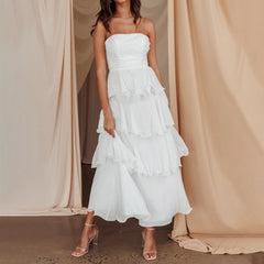 Cyflymder Ruffled Tube Top Long Dress for Women Summer Solid Color Backless Strapless Sleeveless Tiered Cake Dress