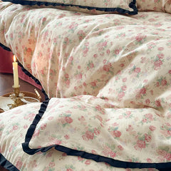 Cyflymder Korean Princess Floral Ruffles 100% Cotton Double Layer Yarn Soft Bedding Set Single Queen King Duvet Cover Bed Sheet Pillowcase