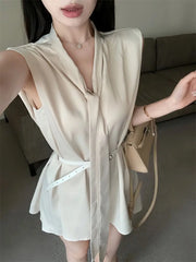 Cyflymder Fashionable Socialite Satin Ribbon V-neck Dress for Women's Summer New Irregular Temperament High Waisted Slim A-line Skirt