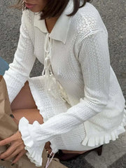 Cyflymder Casual Knitted Ruffle Shirt Skirt Set Women Full Sleeve Lapel Lace Up Shirts Slim Mini Skirts Female 2025 Summer Fall Lady Suits