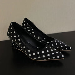 Cyflymder French Sexy Polka Dot Wedge Pointed Toe High Heels Women Shallow Mouth Comfort Height Boost Dress Footwear