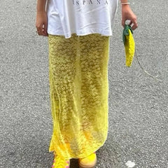 Cyflymder Women's Summer Lace Long Skirts Elegant Low Waist Solid Color See-Through Midi Skirts Slim Fit Skirts