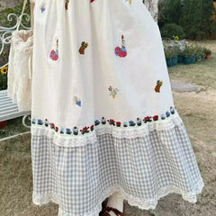 Cyflymder Harajuku Y2K Sweet Plaid Patchwork Loose A-line Skirts Women Party Splice Lace Elastic Waist Floral Embroidery Skirt 028B