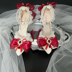 Cyflymder pointed toe heel white red y2k high heel Lolita wedding shoes bridal heel bow pearl Y2k boots heel lace stiletto heels
