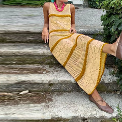 Cyflymder Womens Sexy O Neck Sleeveless Slim Party Dress Casual High Waist Hollow Out Long Dress Summer Striped Print Knitted Beach Dress