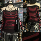Cyflymder Gothic Y2k Fashion Vintage High Street Halter Off Shoulder Pullover Harajuku Constrast Color Striped Jumper Punk Casual Clothes