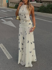 Cyflymder Casual Fashion Women's Printed Dress Backless Sleeveless Open Back Zipper Drape Long Tie-up Dress Summer Holiday Party Dress