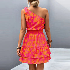 Cyflymder Womens Floral Print One Shoulder Tiered Mini Dress Smocked Waist Sleeveless Ruffle Hem Flowy Summer Dress Party Dress For Women