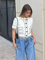 Cyflymder Elegant Knitted Cardigan Coat Women Fashion Single-Breasted Pockets Short Sleeve Crop Sweater 2025 New Summer Casual Slim Tops