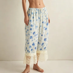 Cyflymder Women Floral Boho Bloomer Pants Lace Trim Loose Fit Ruffle Y2K Bloomers Elastic Waist Cropped Pumpkin Pettipants Pajama Bottom