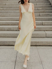 Cyflymder Female Fashion V-Neck Bow Decoration Side Zipper Chic Party Dress Women Summer Sexy Sleeveless Backless Solid Long Dress