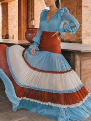 Cyflymder Women Elegant Ruffle V Neck Lantern Sleeve Patchwork Tiered A Line Long Dress Autumn Casual Party Wear Flowy Boho Style