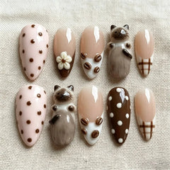 Cyflymder 24PCS Cute Cat Almond Press on False Nails Sweet Brown Polka Dots French Simple Flowers Pink Nail Tips Set Full Cover Fake Nails