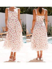 Cyflymder Elegant Maxi Dress with Floral Print and Lace Trim Sleeveless A-Line Dress for Women Perfect for Summer Fashion