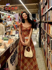 Cyflymder Vintage Red Plaid Long Dress Women Summer Square Collar High Waist Slim A-line Dresses French Elegant Beach Robe