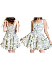 Cyflymder Elegant Sleeveless Floral Print Mini Dress with Bow Tie Shoulder Detail and Flirty Ruffle Hem - A Line Swing Dress for Women