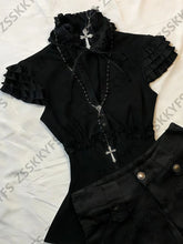 Cyflymder Summer Gothic Girl V-neck Shirts Top Punk Grunge Clothes 90s T-shirts Women's Harajuku Dark Sexy Shorts Tshirt Lace Y2k Set Tees