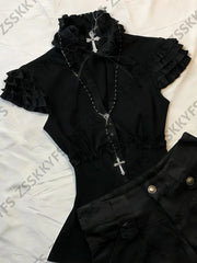 Cyflymder Summer Gothic Girl V-neck Shirts Top Punk Grunge Clothes 90s T-shirts Women's Harajuku Dark Sexy Shorts Tshirt Lace Y2k Set Tees