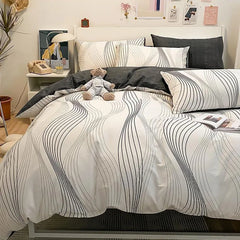 Cyflymder Simple Nordic Pure Cotton Striped Bedding Set Naked Sleeping Comfortable Duvet Cover Set Fitted Sheet Kit for Single and Double