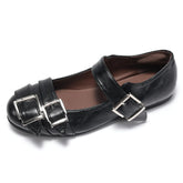 Cyflymder Women's Black Mary Jane Flats with Triple Buckle Straps Cute Preppy Style Leather Shoes for Girls Comfortable Round Toe Loafers