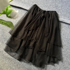 Cyflymder Double Layered Waist Curtain Sheer Asymmetrical Mesh Cover up Skirt Women Summer Sweet Lolita JSK Kwaii Skirts