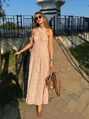 Cyflymder Elegant Chic Halter Long Dress Women Fashion Sweet Texture Sleeveles Maxi Dresses 2025 New Summer Simple Party Evening Vestidos