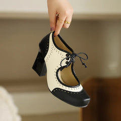 Cyflymder Retro Roman round Head Chunky Heel Color Blo Mary Jane oes Women's High Heels Faion Single oes Cross-Border
