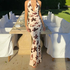 Cyflymder Sexy Vacation Style Print Dresses for Women Swing Collar Sleeveless High Waist Slim Bodycon Long Dress Female New