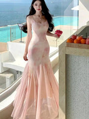 Cyflymder French Women Pink Print Patchwork Lace High Waist Backless Party Dress Summer Sexy Vacation Spaghetti Strap Pleated Long Dresses