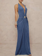Cyflymder Women Sexy Sleeveless Backless Gowns Elegant Halter V-neck Lace-Up Vacation Dress Fashion Twist Design Solid Color Long Dress