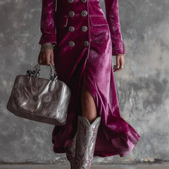 Cyflymder Elegant Women Velvet Lapel Double Breasted Long Sleeve Slit Midi Dress Autumn Winter Solid Color Slim Fit Female Party Dress